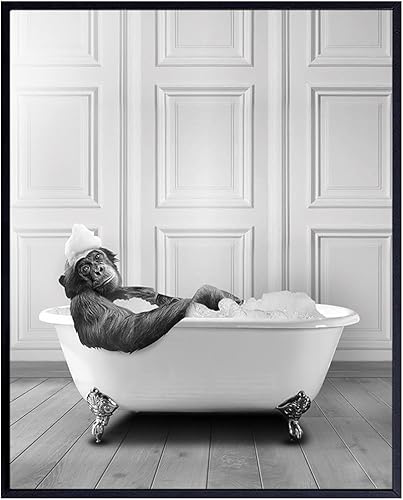 Funny Bathroom Decor for Men, Women - Cute Modern Bathroom Accessories - Bathroom Pictures - Bath Wall Decor - Monkey Chimp Wall Art - Cool Unique