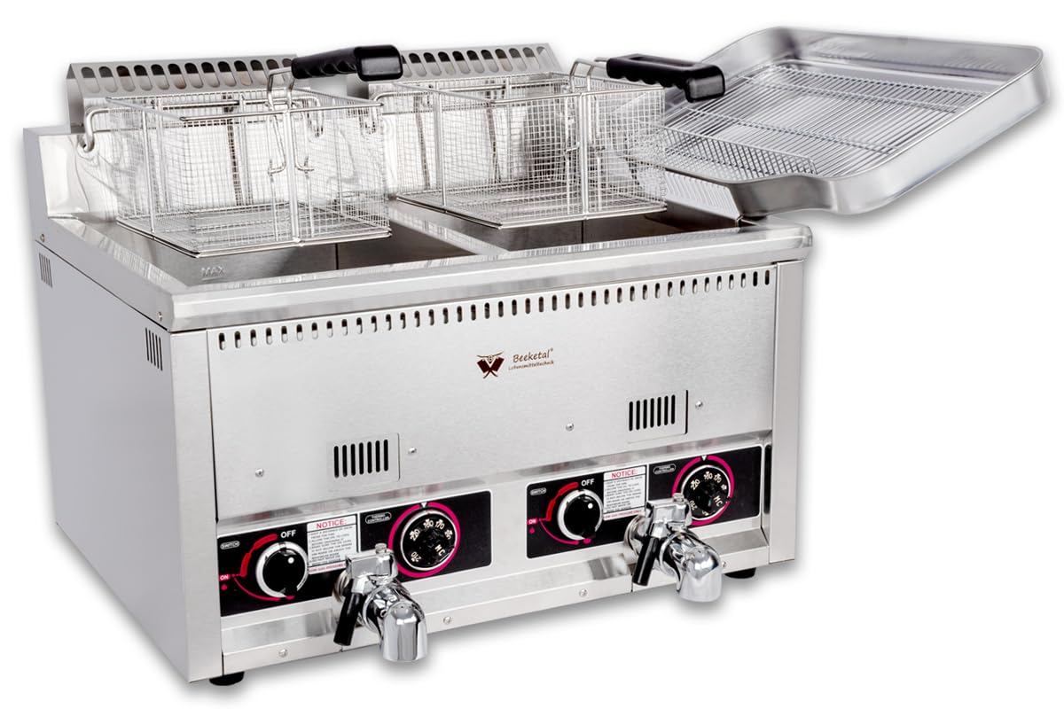 Beeketal Profi Gasfritteuse BGF-13P – Edelstahl Gastro Doppel-Fritteuse 2x 22L (Öl 2x 15L), 7,4 kW LPG Propan/Butan Stand-/Tischgerät mit Kaltzone und Ablaufhahn, inkl. 2 Körbe & Schaumlöffel