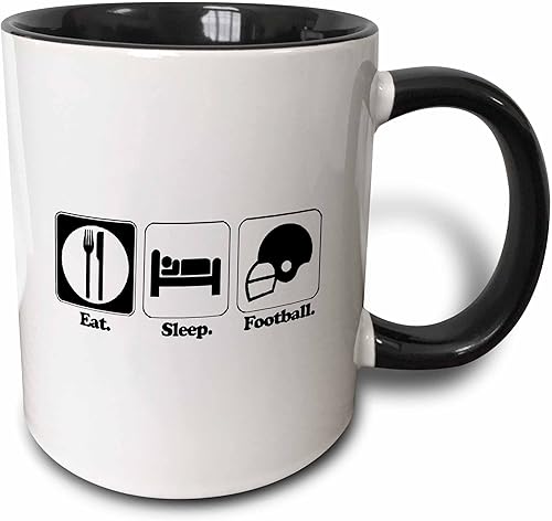 3dRose Funny Hobby Lifestyle Design Eat Sleep - Taza de fútbol americano de dos tonos, 11 onzas, color negroblanco