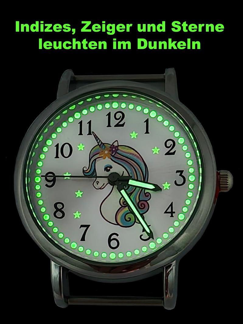 Armbanduhr Mädchen Jungen Kinderuhr Einhorn Lernuhr 5ATM wasserdicht bunt Regenbogen