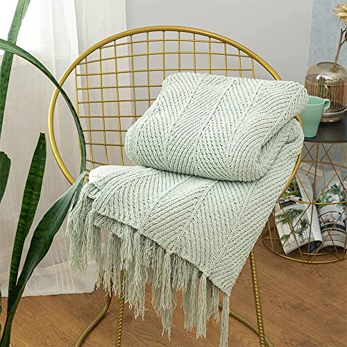 Sofila Sage Green Chenille Tassel Fringe Throw Blanket Textured Knitted Super Soft For Couch Bed Sofa Living Room Framhouse Warm Fluffy Cozy Plush Knit - 60 X 80 Inches #TOP6