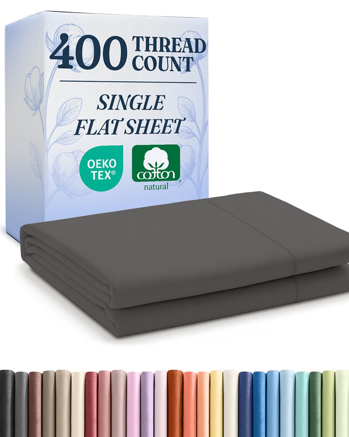 full 400 thread count 100% cotton flat sheet - comfortable, cooling & breathable cotton - top flat sheet only - luxury hotel quality bedding - extra soft & comfy - easy care, wrinkle free - dark grey