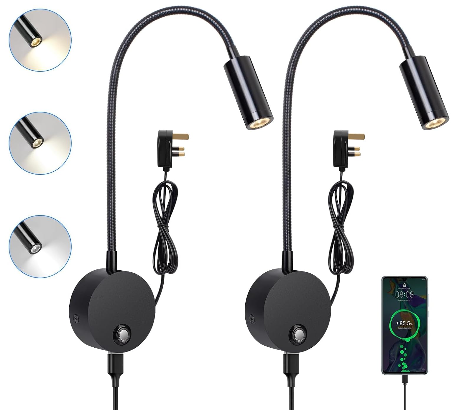 ERWEY 2Pcs Reading Lamp Wall Mounted, LED Bedside Light with Switch Touch Dimmable and USB Charging Port
