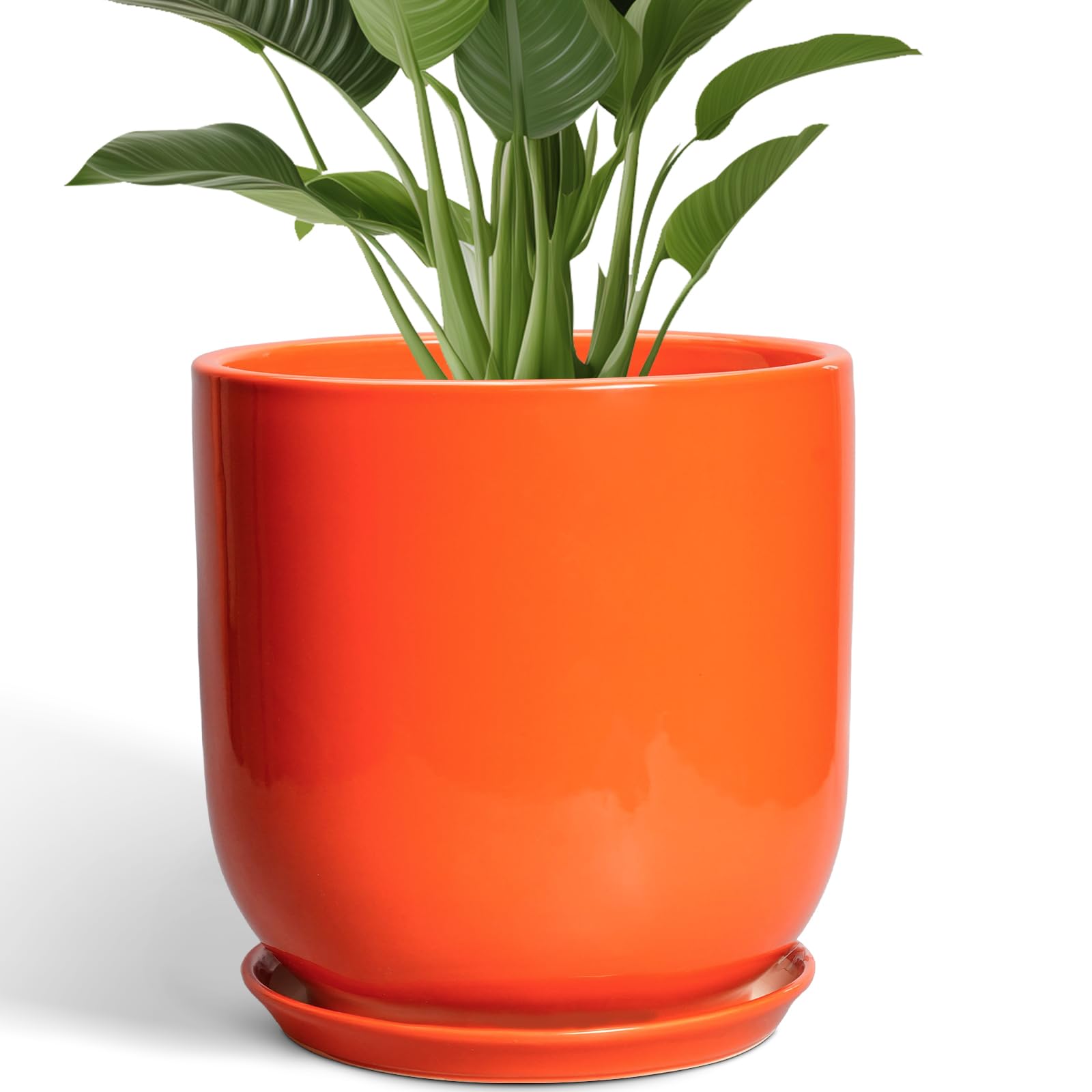 12 Inch Pots for Plants - Ceramic Planter with Drainage Hole and Saucer, Decorative Round Large Plant Pot for Indoor Outdoor Plants, Plant Lover Gifts, Home Office Garden Decor, Orange