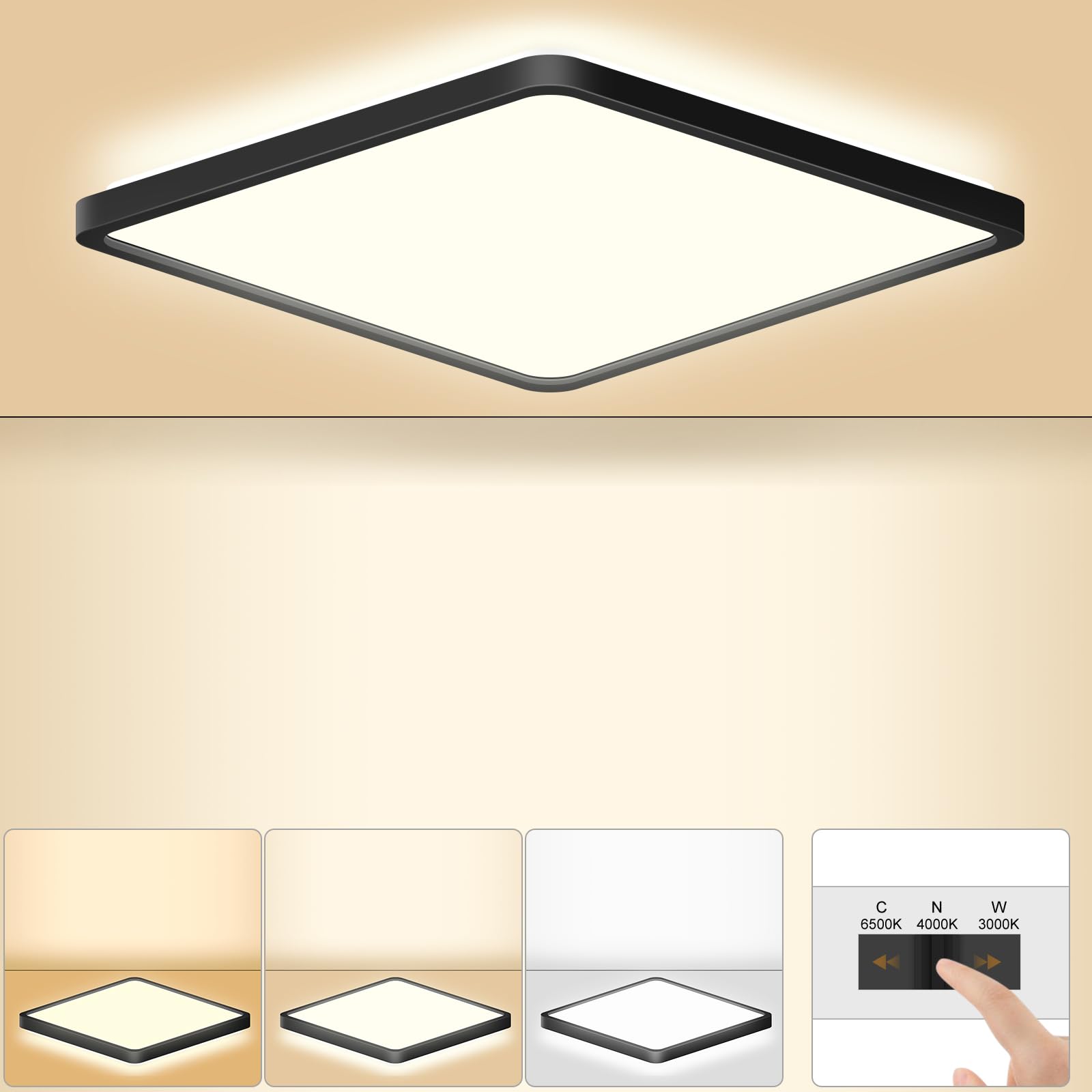 LEZOE - Ceiling Light 18W 1800LM 3000K 4000K 6500K Square Ceiling Light for Bathroom, Living Room, Bedroom, Kitchen, Balcony, Hallway, 22 x 22 x 3 cm