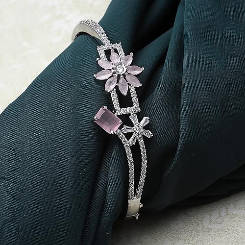 Rhodium-Plated AD Leaf Shaped Kada Bracelet (Sea Green)