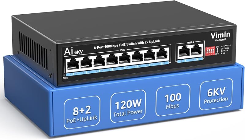 VIMIN 10-Port PoE Switch 8 PoE Porttal, 120W, 2 Uplink Csatlakozóval, AI Védelemmel, VLAN Támogatással, 250m Hatótávolsággal, IEEE802.3af/at