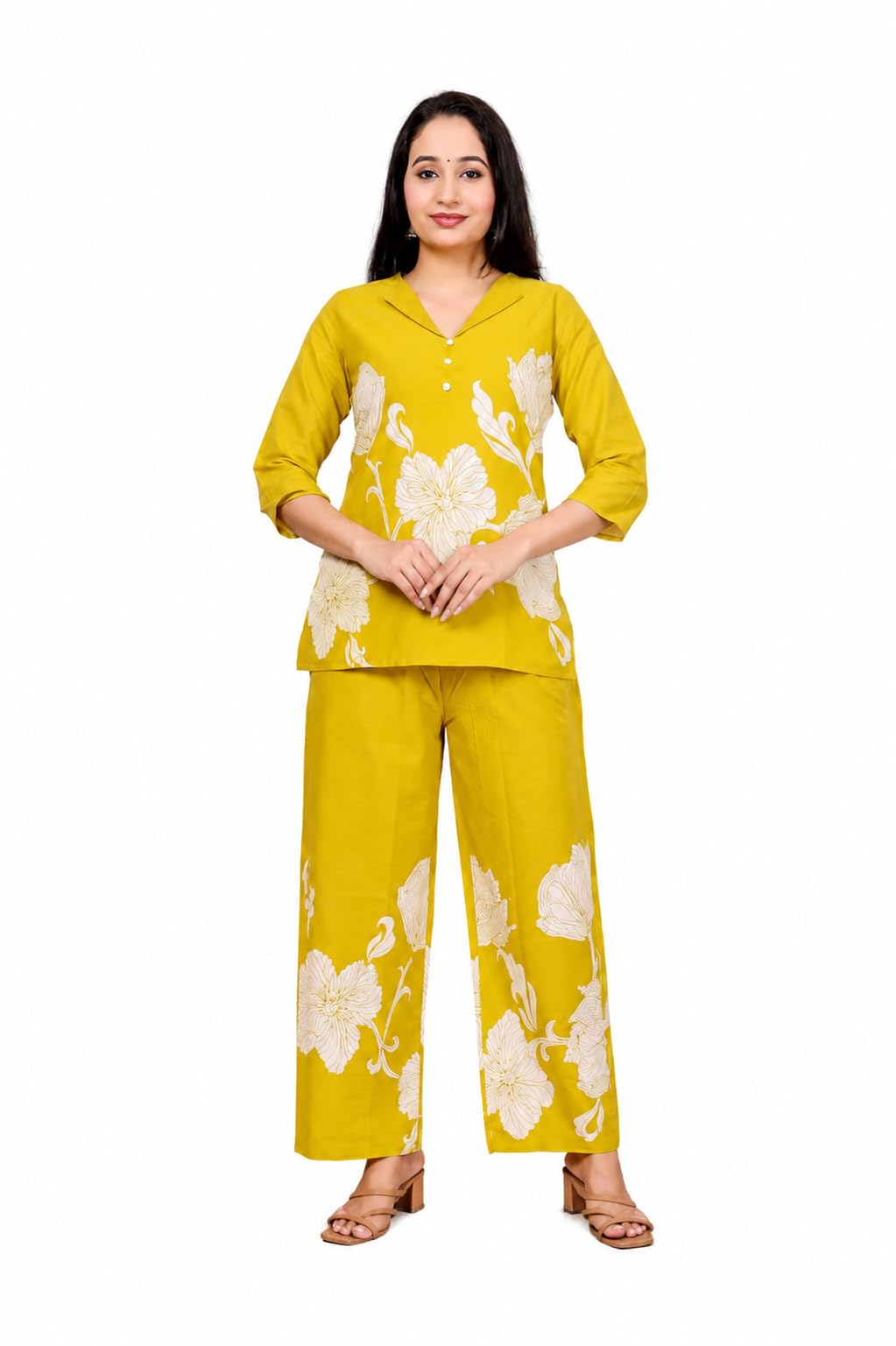 Paribelle Women's Cotton Co-ord Set, Mustard Yellow, Floral Print, 3/4 Sleeve Top with Wide-Leg Palazzo-picture-26