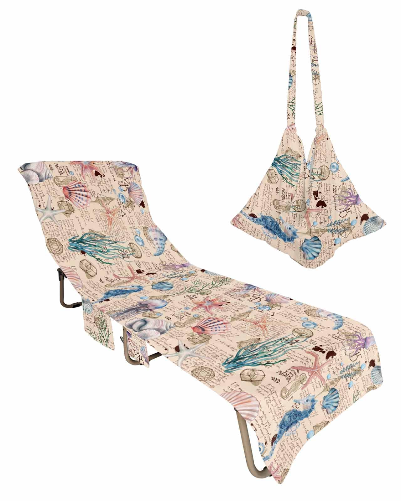Orange Coastal Beach Lounge Chair Towel Cover, Soft Chaise Lounge Towel with Side Pockets Patio Pool Chairs Cover for Beach/Pool Sunbathing 29x85 Starfish Shell Conch Nautical Tropical Fish