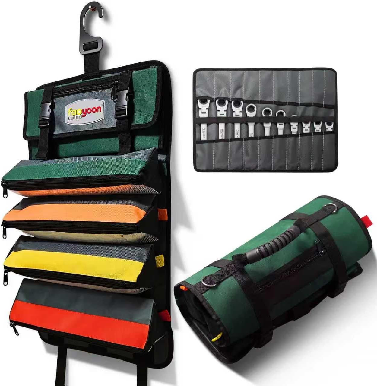 Heavy Duty Roll Up Tool Bag, 5 Zippered Pockets Color Coded (1 Wrench Roll) Tool Wrap Roll Bag, Portable Pouches Carrying Tool Bag for Mechanics