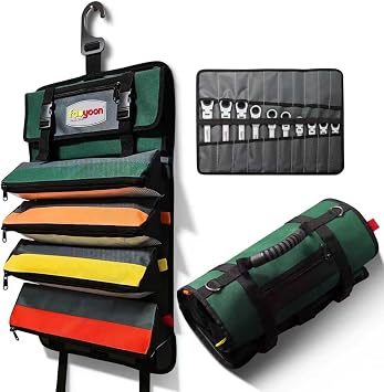 Heavy Duty Roll Up Tool Bag, Heavy Duty See-Through Tool Roll Organizer, 5 Color Coded Detachable Pouches & Wrench Roll, Portable Mechanic & Motorcycle Tool Bag, Birthday & Fathers Day Gift