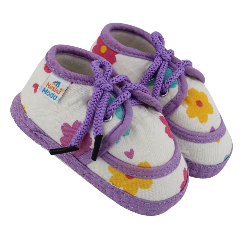 6 To 12 Months Baby Boys & Baby Girls Flower & Circle Muslin White,Purple Hook & Loop Shoe Booties-BT5562-image-16