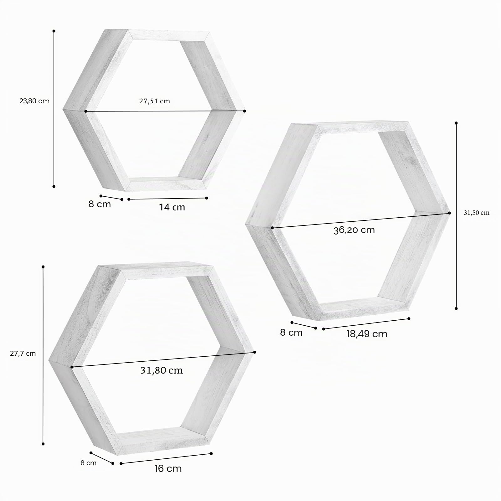YBING Set di 6 mensole galleggianti esagonali da parete, in legno, a nido d'ape, esagonali, decorazione da parete, per camera da letto, soggiorno, grigio-bianco