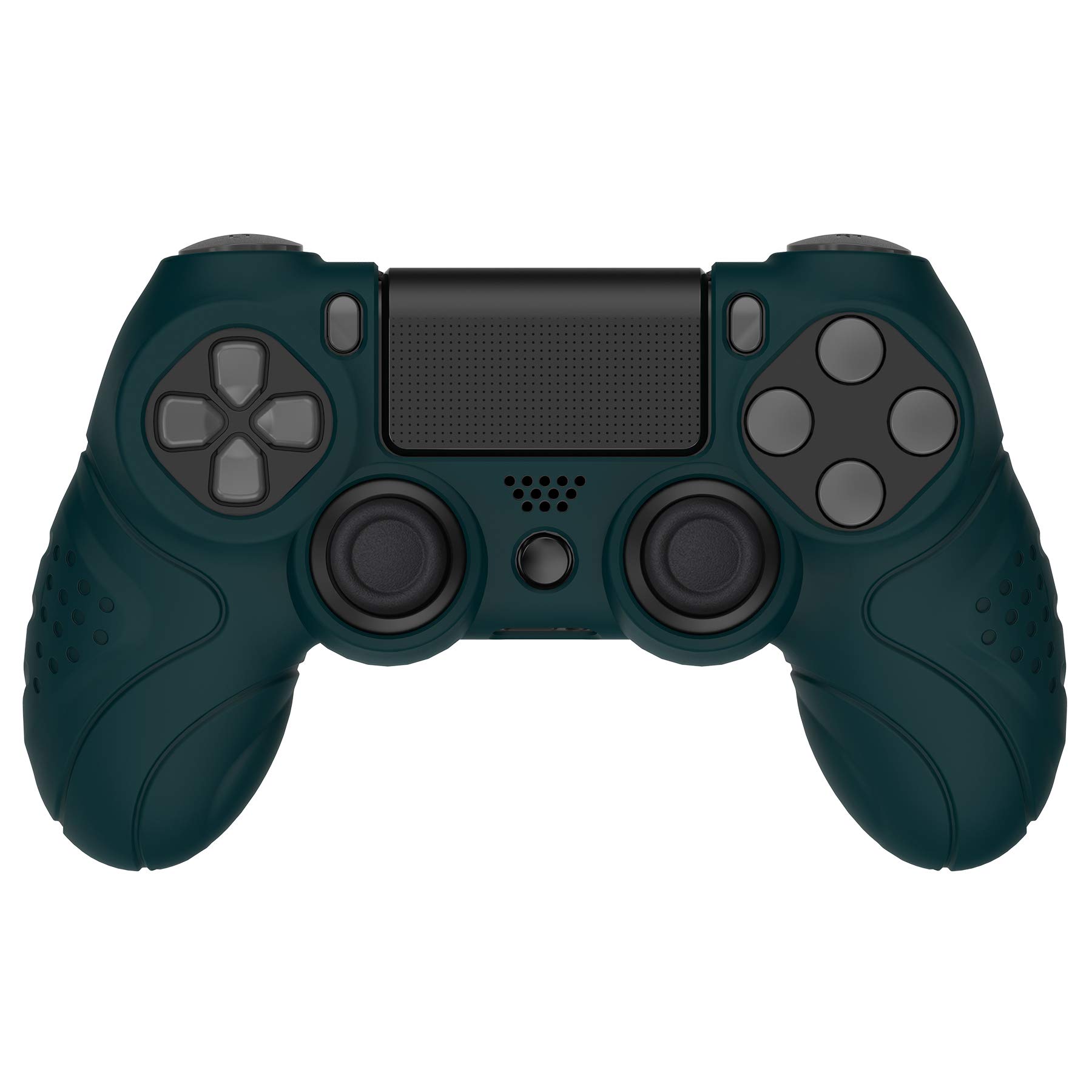 PlayVital Funda de Silicona para ps4/Slim/Pro Mando - Carcasa Protectora Suave y Antideslizante, Carcasa con 2 Tapas de Joystick, Diseño Ergonómico - Edición Guardian (Oscuro Verde)