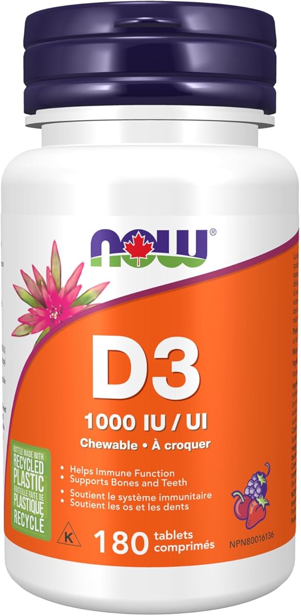 NOW NOW Supplements, Vitamin D-3 1,000 IU, Natural Fruit Flavour, Structural Support, 180 Chewables