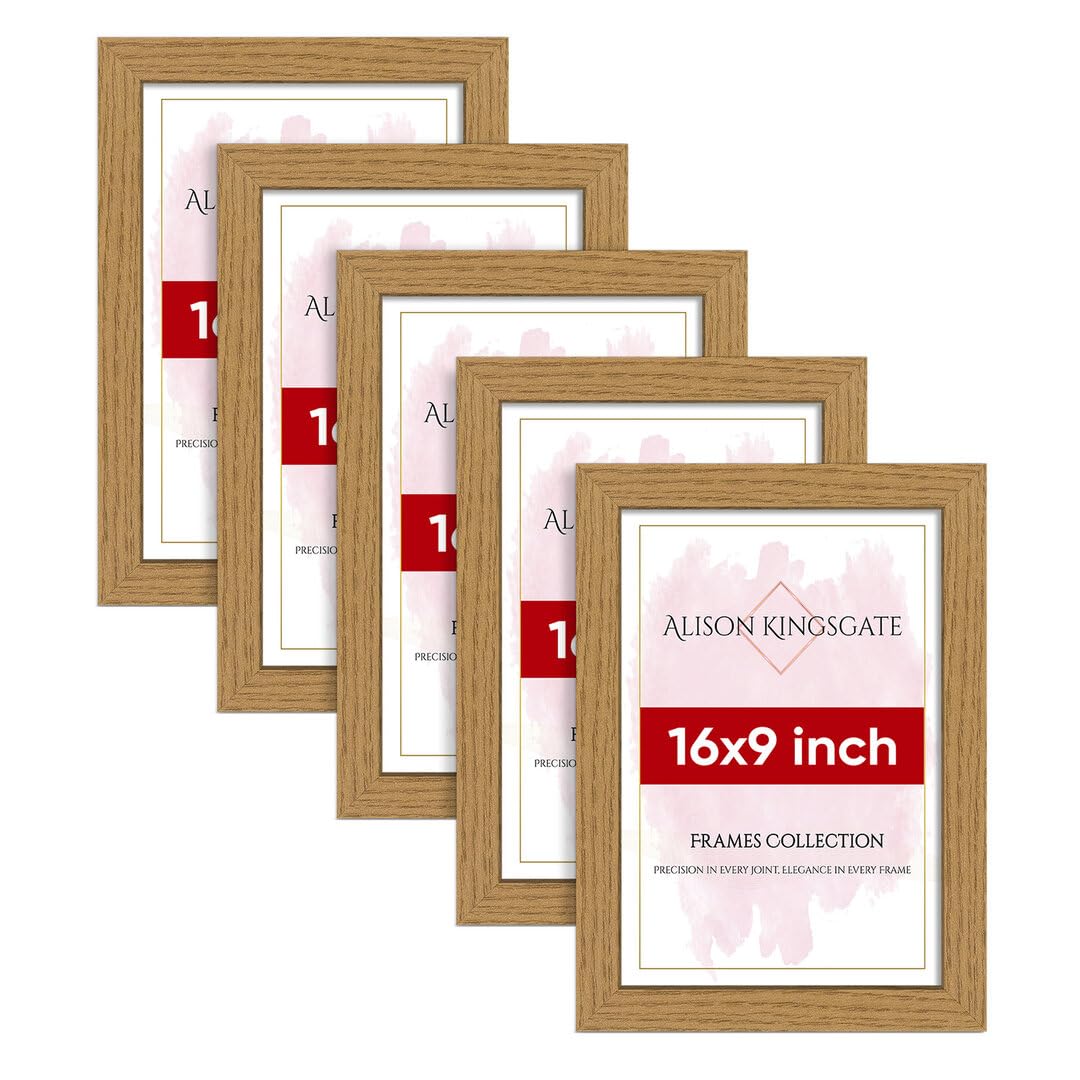 Alison Kingsgate Modern 16X9 Oak Photo Frame Pack of 5-Engineered Wood Picture Frames with Shatterproof Perspex - Ideal for Artwork-Wall Mount or Tabletop - Multiple Sizes & Colours Available — image 1