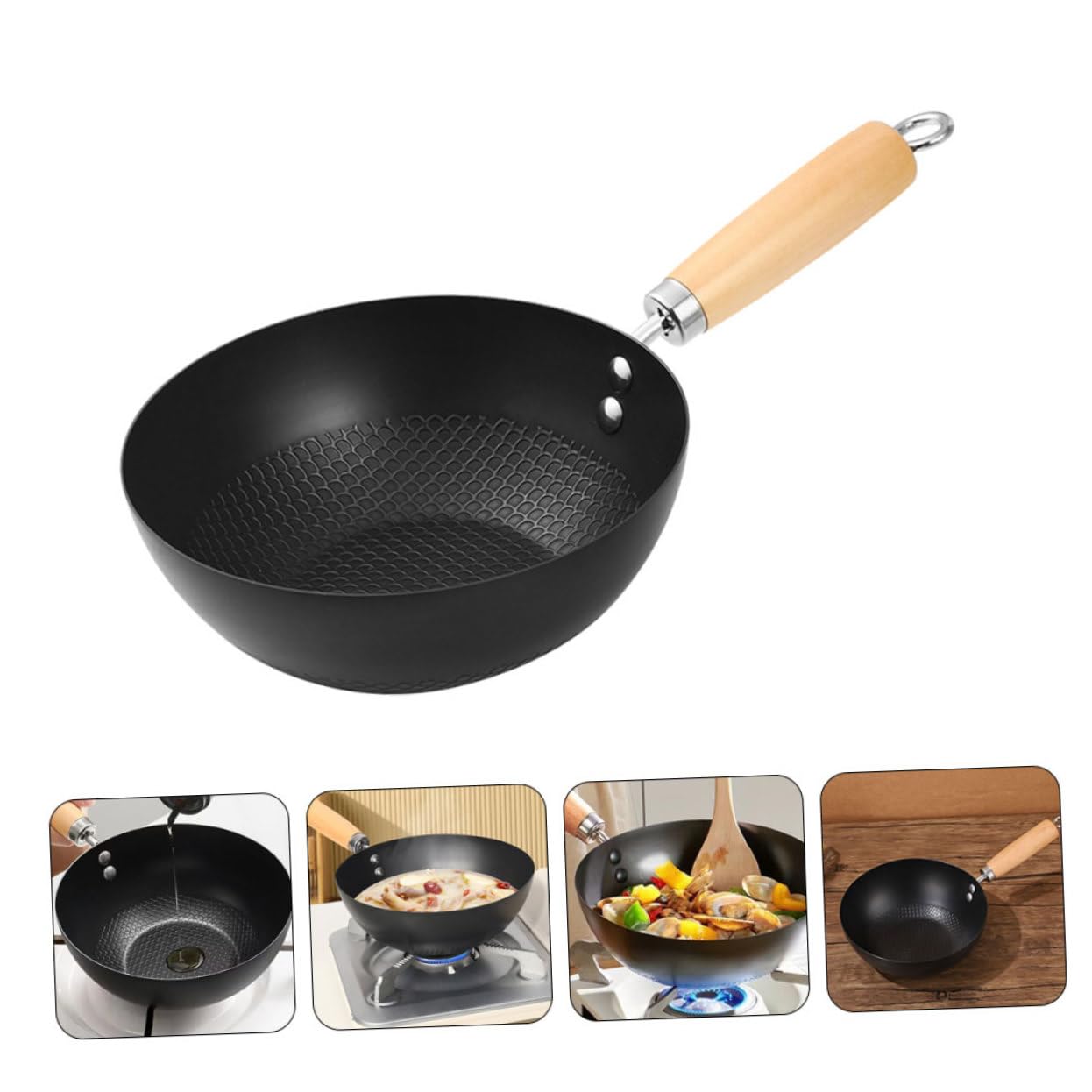 ABOOFAN Wok Mini in Ferro Nero per Piano a Induzione, Manico in Legno