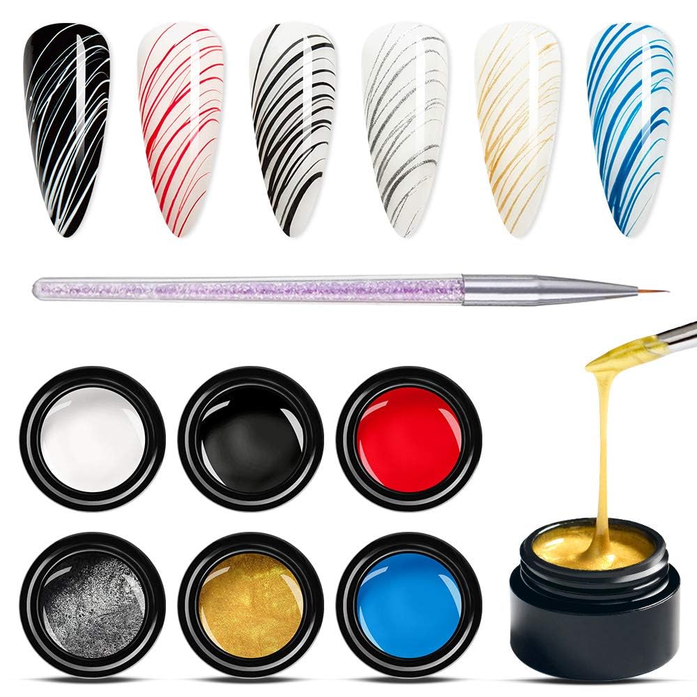 QUICKART 6 Colors Spider Paint, New Upgraded Matrices Spider Art with Nail Art Brush, Nail Designs Gel Paint Wire Drawing Gel Polish for Line (White Black Gold Silver Blue Red) 10ml each-image-41
