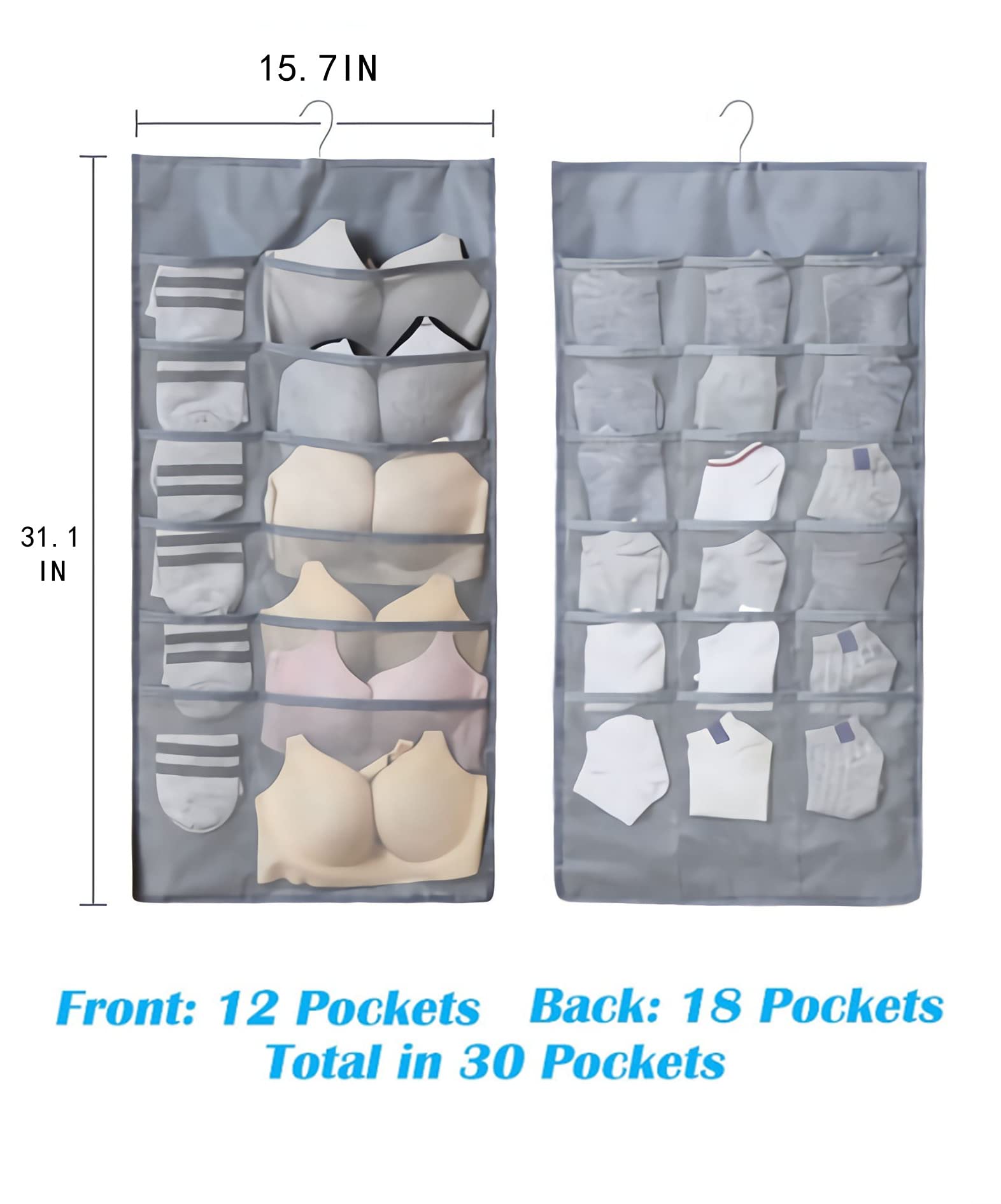 Dual Sided Wall Closet Hanging Organizer Storage with Mesh Pockets for Underwear Bra Underpants Socks with Metal Hook Wardrobe Storage Bags Oxford Cloth Space Saver (Grey-(12+18) Pockets)