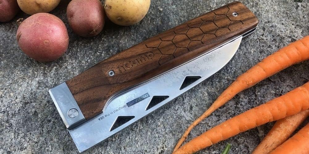 nCamp Food Prep Folding Knife - Elite Santoku Knife, Classic Japanese Utility, Outdoor Cooking Knife with 10Cr15MoV Damascus Steel Blade, beautiful tough walnut handle for a comfortable secure grip