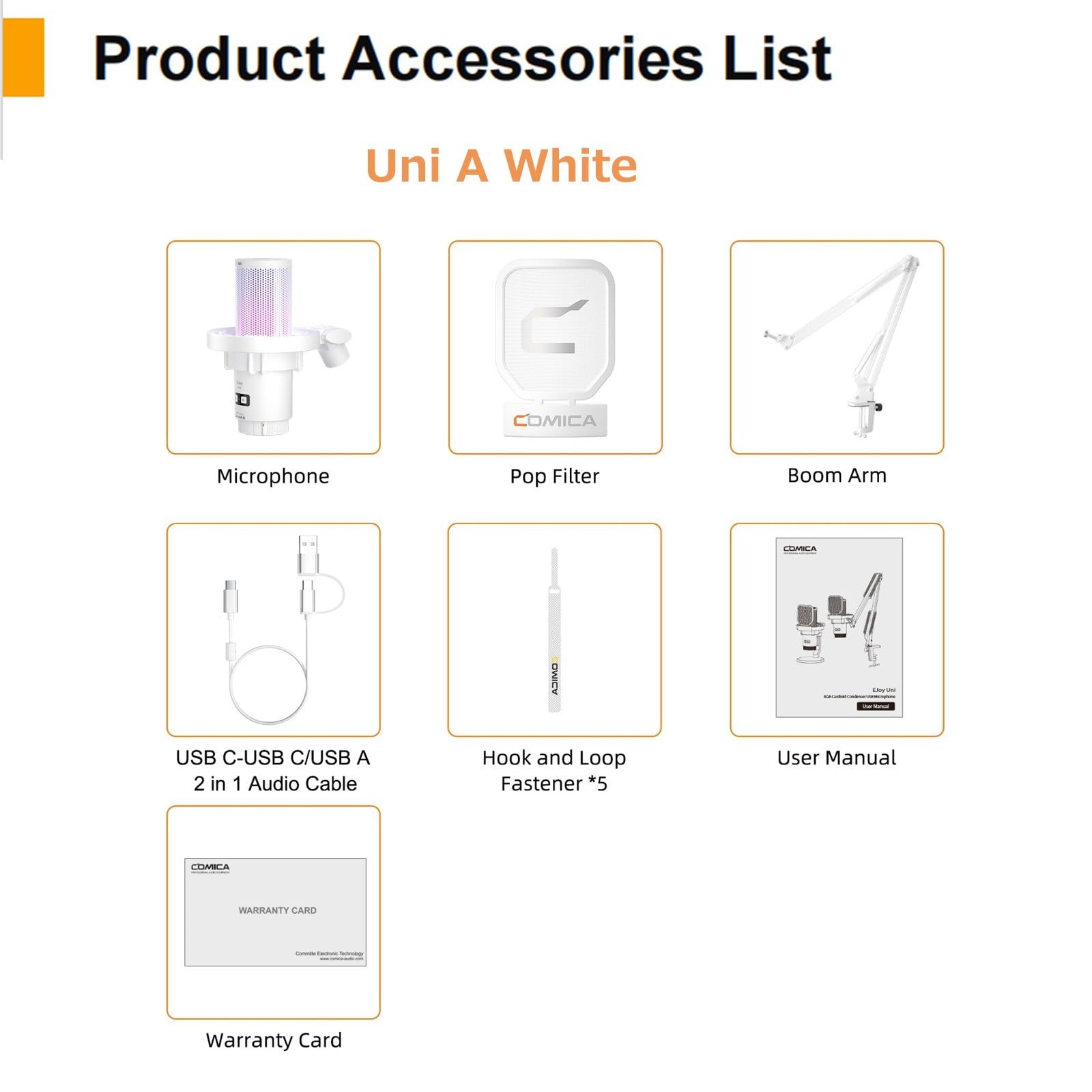 COMICA EJoy Uni (A) - Microphone USB Blanc pour Ordinateur et Smartphone, Micro de Jeu à condensateur cardioïde RVB 48 kHz/24 Bits pour podcasting, Streaming, Enregistrement, avec Bras de Support
