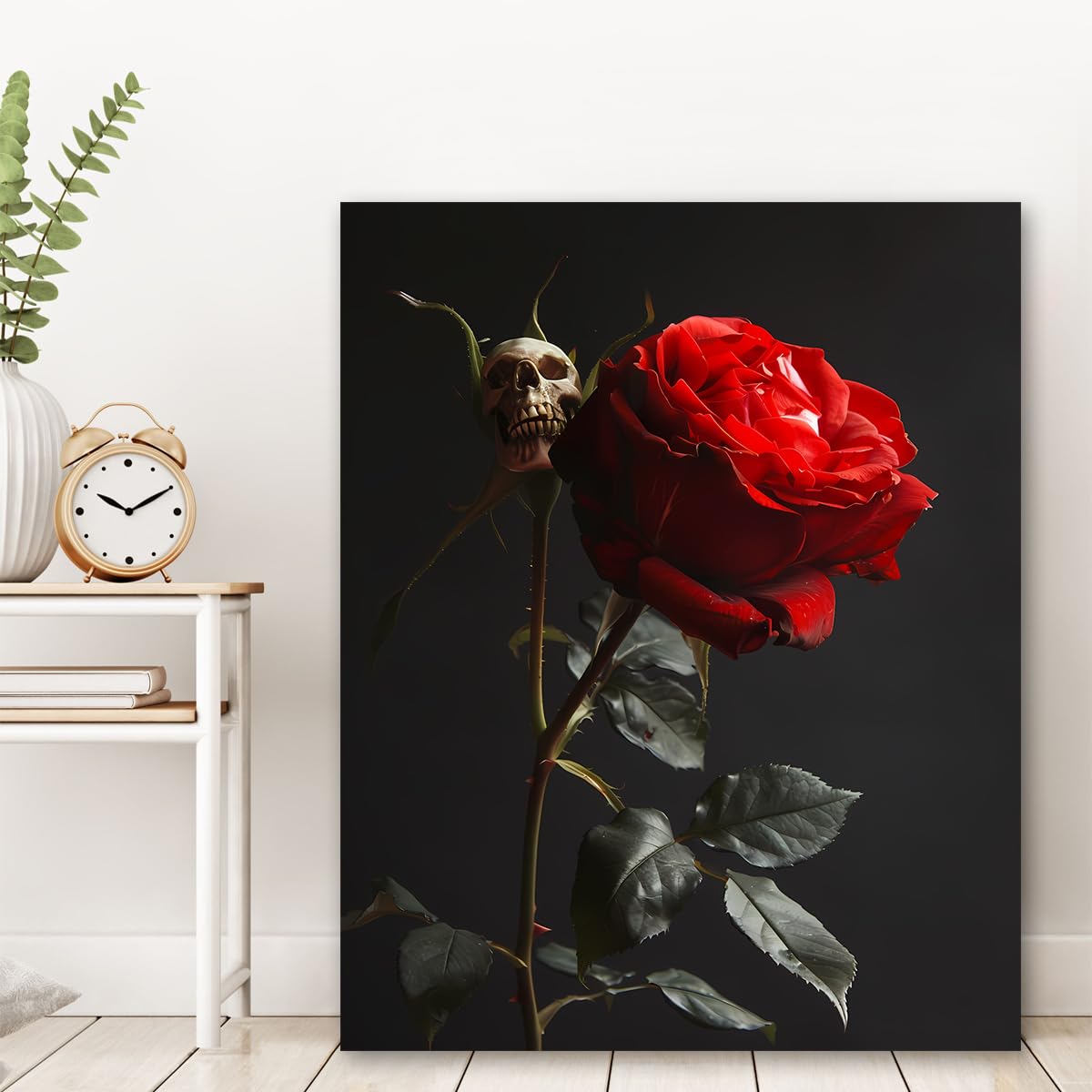 CHERHERART Affiches gothiques sombres Peinture murale en toile de crâne de rose rouge pour étude de chambre Tirages sur toile florale et squelettique Décoration d’Halloween 85x110cm sans cadre