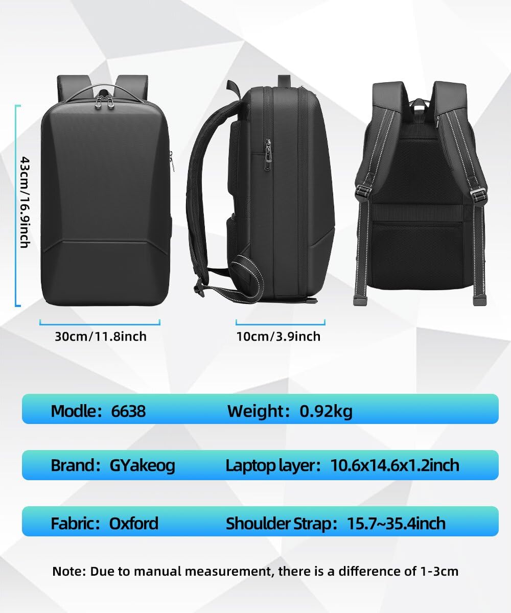 Mochila para Ordenador Portátil de 15,6 Pulgadas para Hombre de Negocios, Ampliable con Puerto de Carga USB, Resistente al Agua, Carcasa Semirrígida EVA