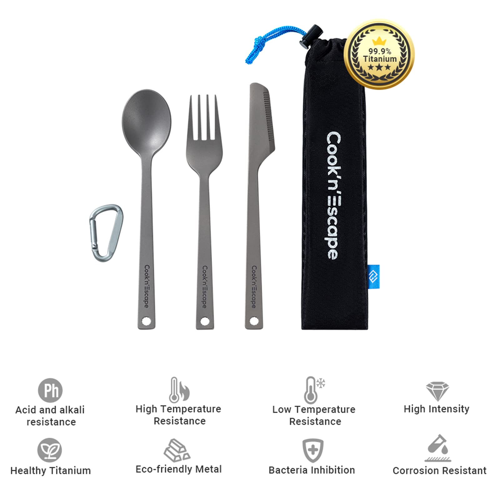 COOK'N'ESCAPE Titanium Camping Cooking Utensils Set, Camping Spoon Fork Knife Combo Flatware Set, Lightweight Spork with Carabiner Clip for Kitchen Travel Picnic Hiking Backpacking Outdoors