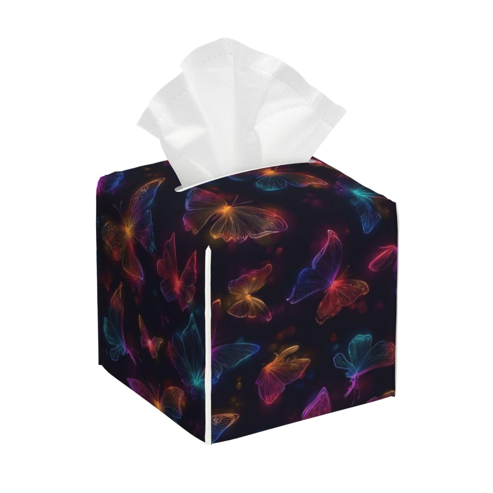 Rainbow Neon Butterfly Print Tissue Box Cover Holder Square, Foldable Modern Cube Tissue Box Cover, Leather Decorative Organizer for Tabletop Bathroom Car Office Desk Decor