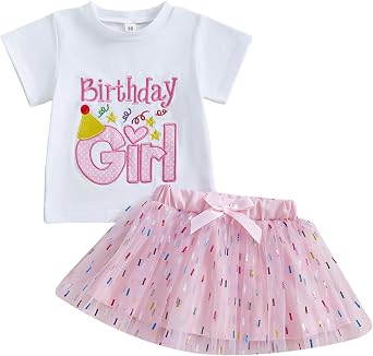 SAYOO Toddler Birthday Girl Outfit Birthday Girl Letter Embroidery Shirt Top Mesh Tutu Donut Skirt Princess Party Skirt Set