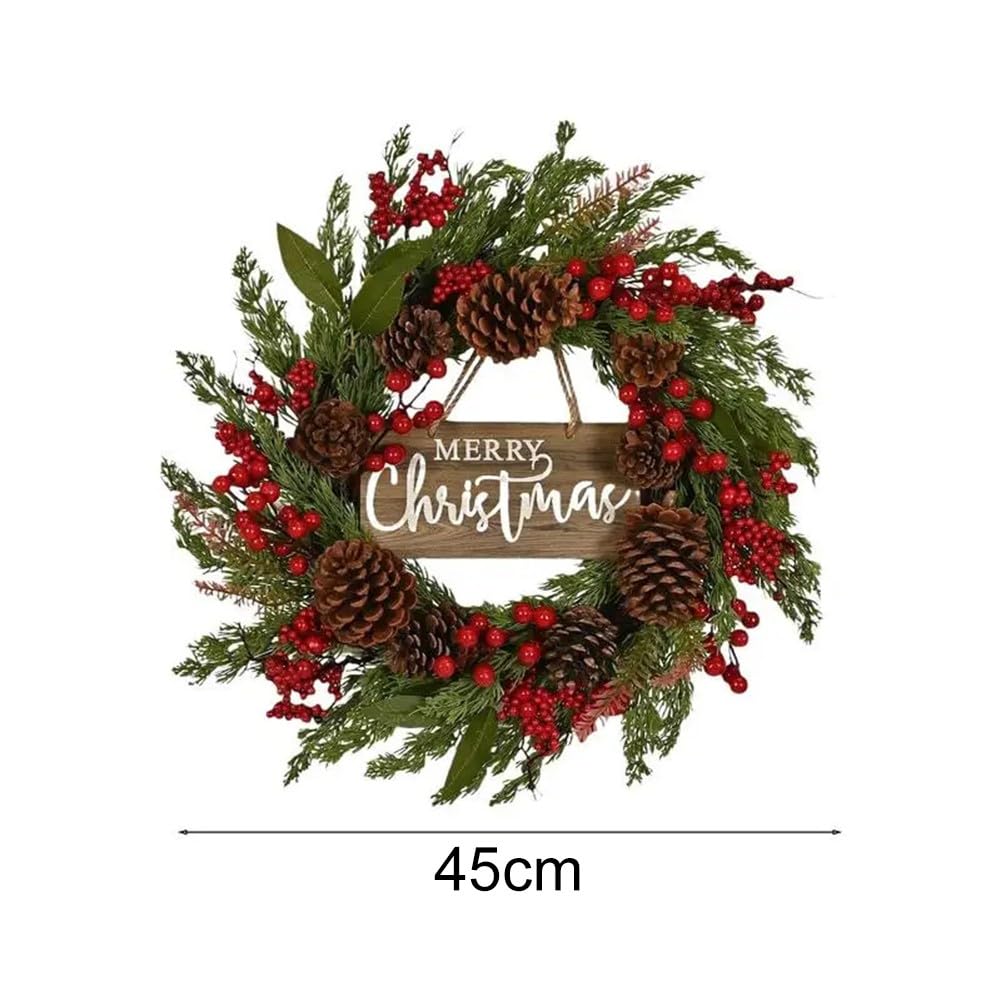 Corona de fiesta de Navidad frontal para puerta, pino artificial con bayas rojas y conos, resistente a la intemperie, decoración de pared para ventana del hogar