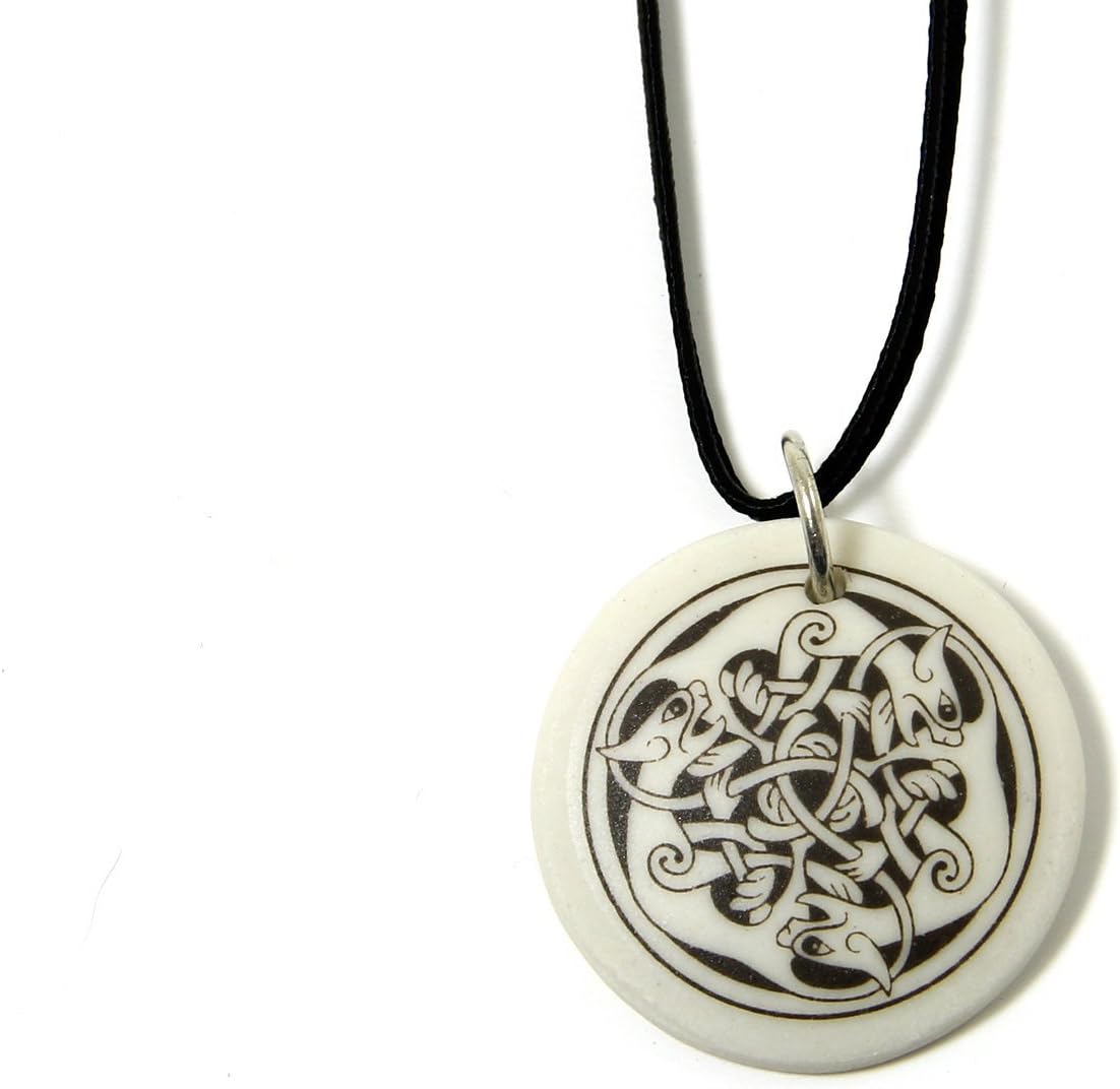 Celtic Cat Necklace Ceramic Round Pendant on Cord