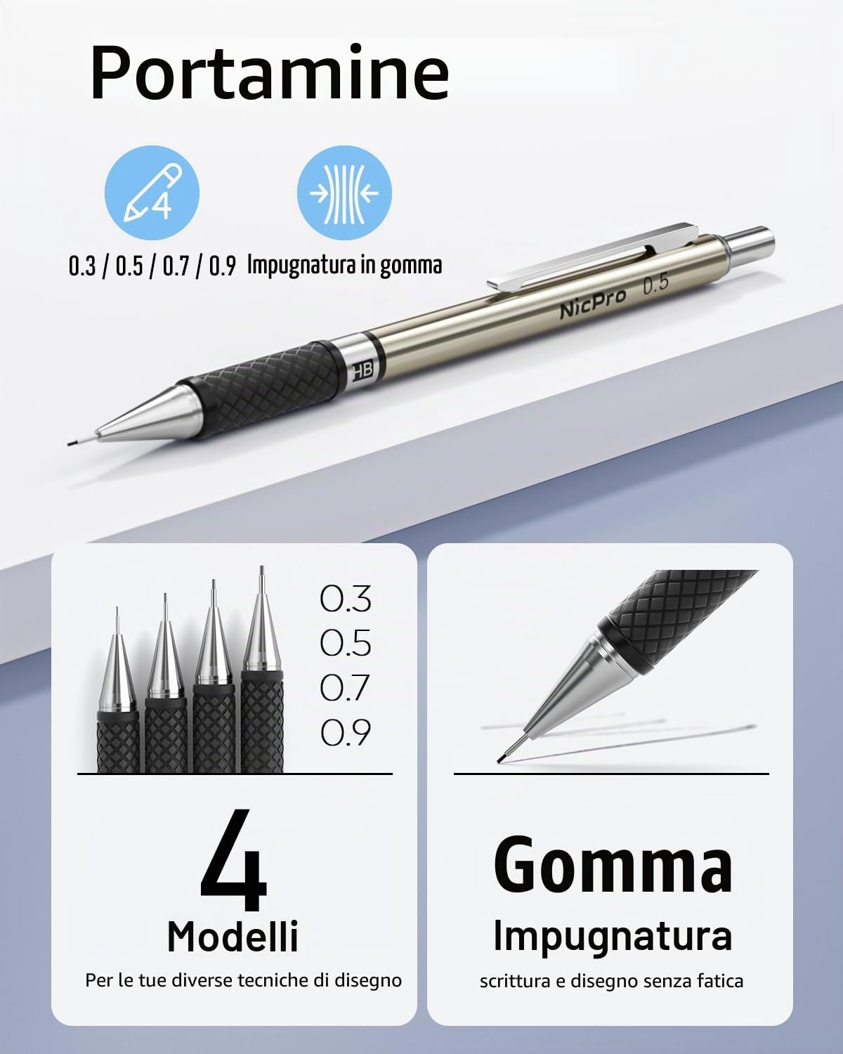 Nicpro 37 pezzi portaminas, matite da disegno metallo 0,3 0,5 0,7 0,9 mm e 2 mm, 6B 4B 2B HB 2H 4H, custodia con 23 ricariche
