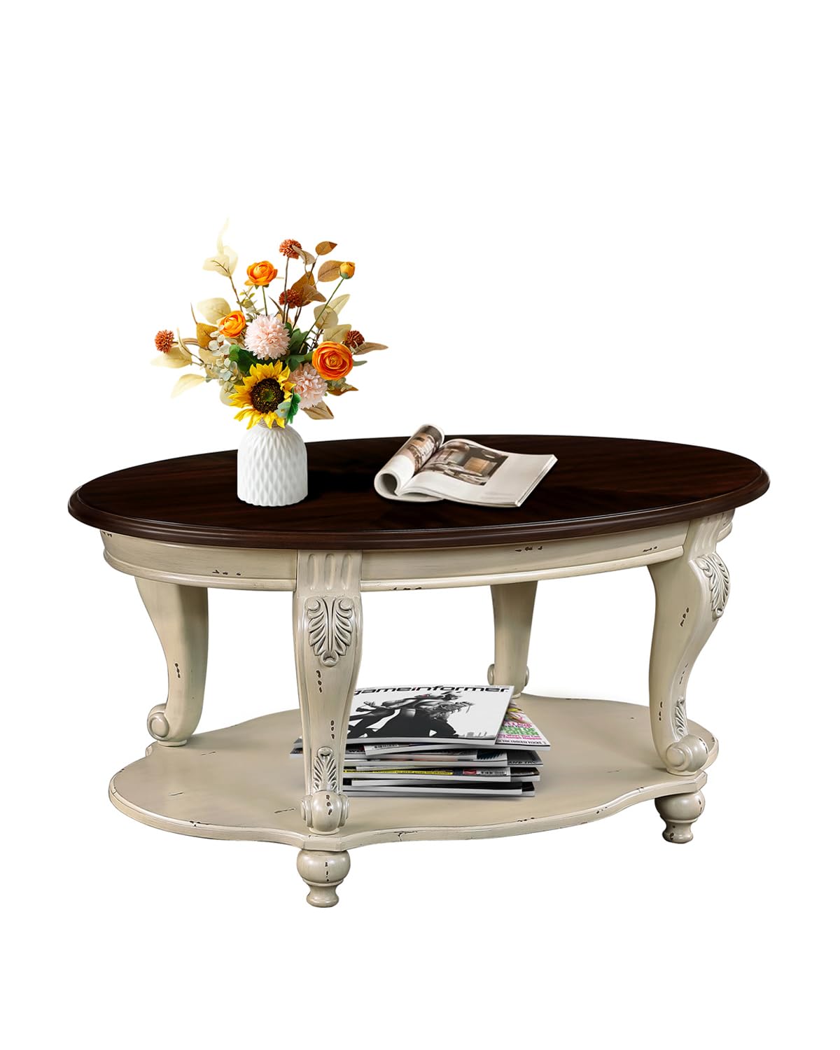 LKTART Oval Coffee Tables for Living Room, Round Vintage Coffee Table with Carved Wood Legs, Light Wood Small Coffee Table(Beige and Espresso Top, 42