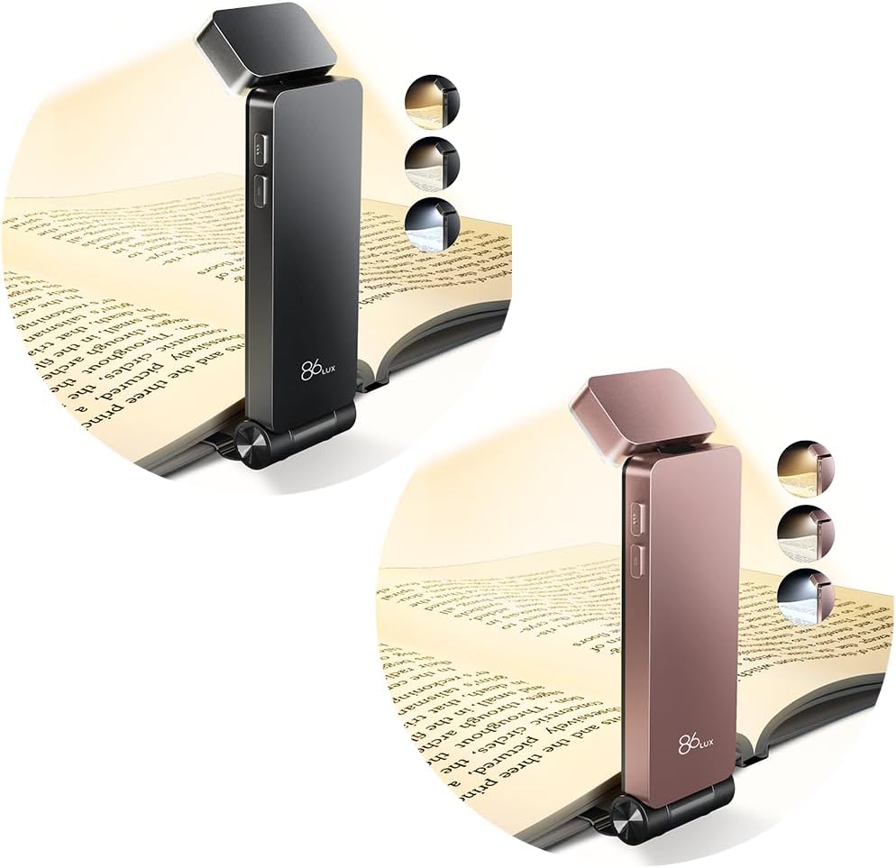 86lux Book Light, Rechargeable Reading Lights for Books in Bed, Ultralight Clip-on LED Bookmark Lamp with 3 Amber Colors & Stepless Dimming for Night Reading for Book Lovers, Kids, Ashen