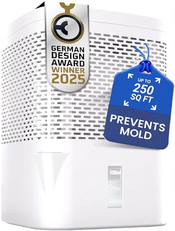 Non-Electric Dehumidifier – Moisture Absorber for Basement, Bathroom, Closet & RV, Includes 24oz Refill Pack with Dehumidifier Granules, Reusable, White