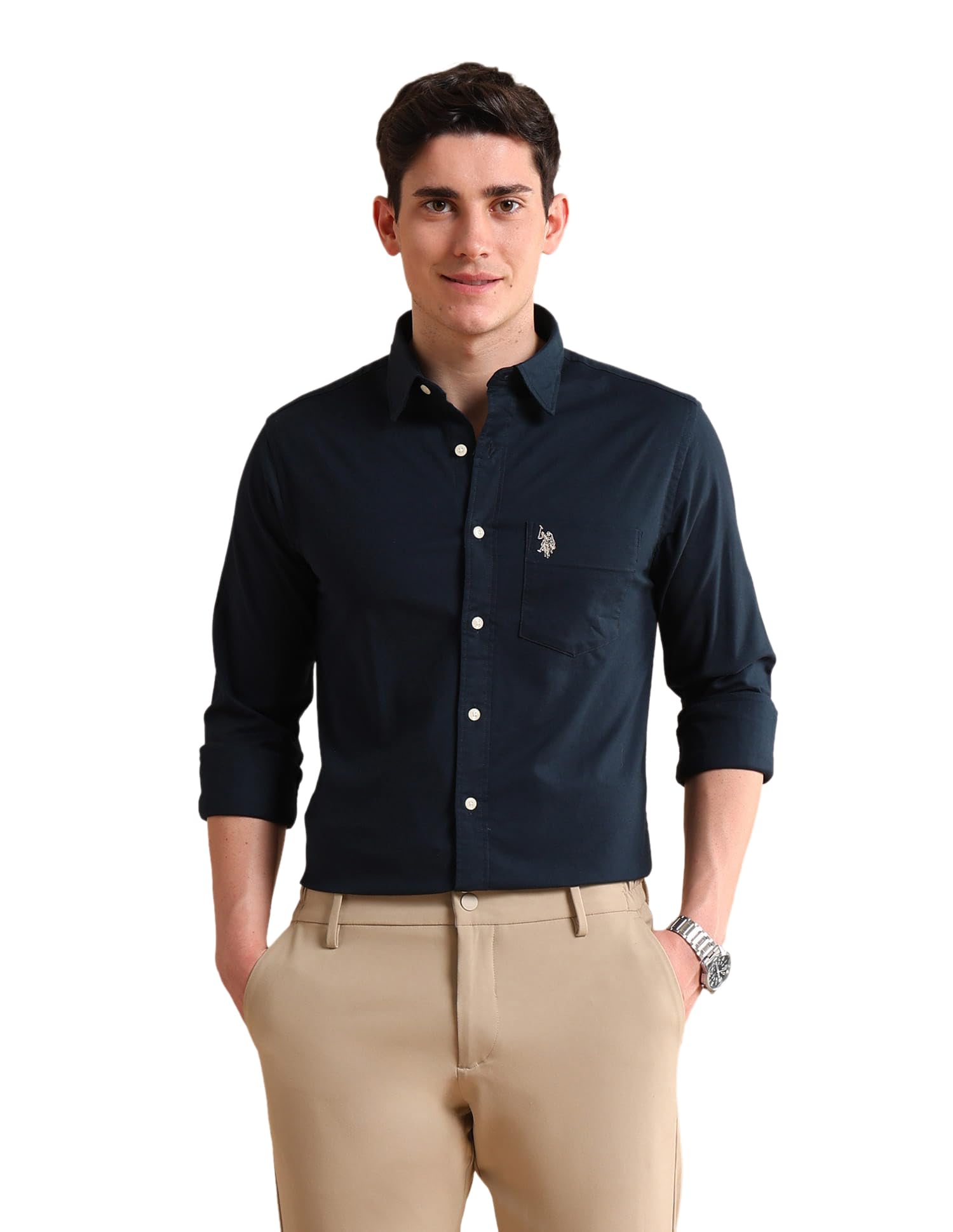 u.s. polo assn. Regular Fit Solid Shirts for Men | Long Sleeves with Rounded Cuffs, Chest Patch Pocket Mens Casual Shirts-picture-10