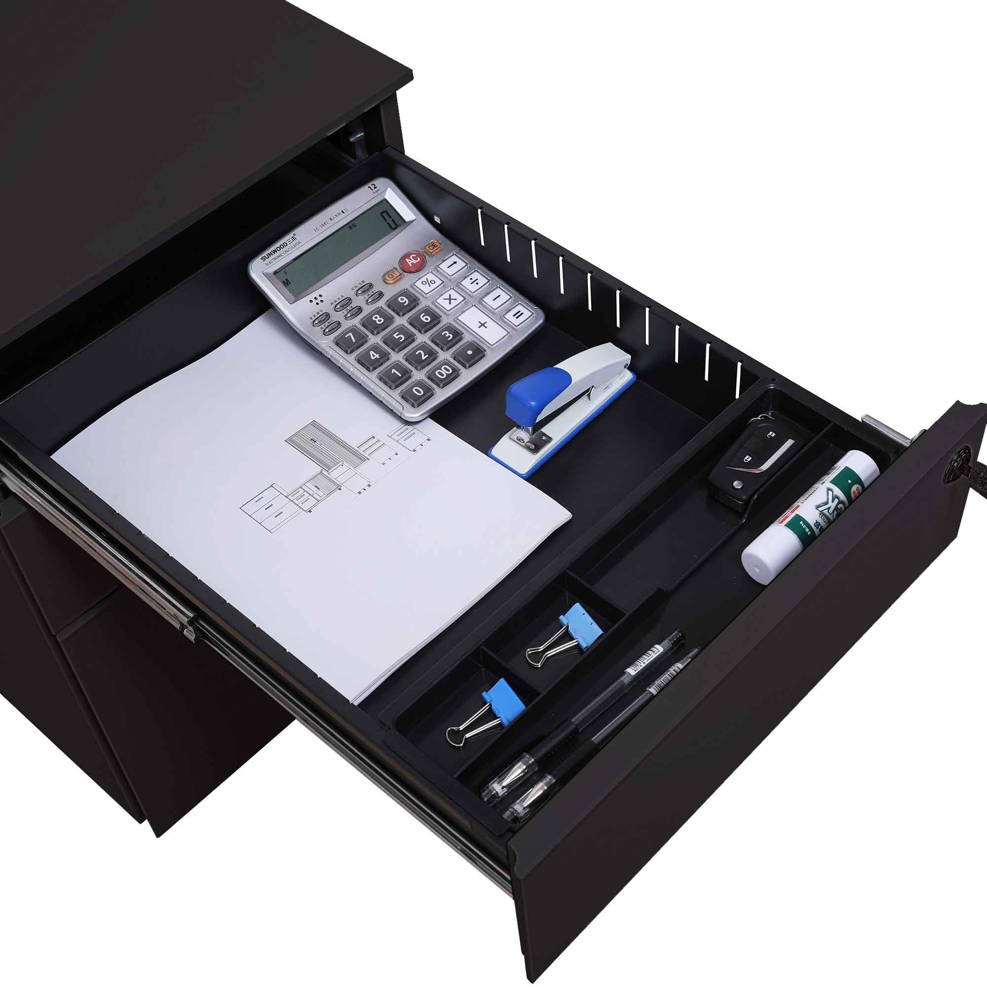 Rollcontainer abschließbar mit Schubladen 39x50x60 cm - mit 5 Rollen und Hängeregistratur - Aktenschrank Bürocontainer Standcontainer Büroschrank Rollschrank Schubladenkommode Schwarz