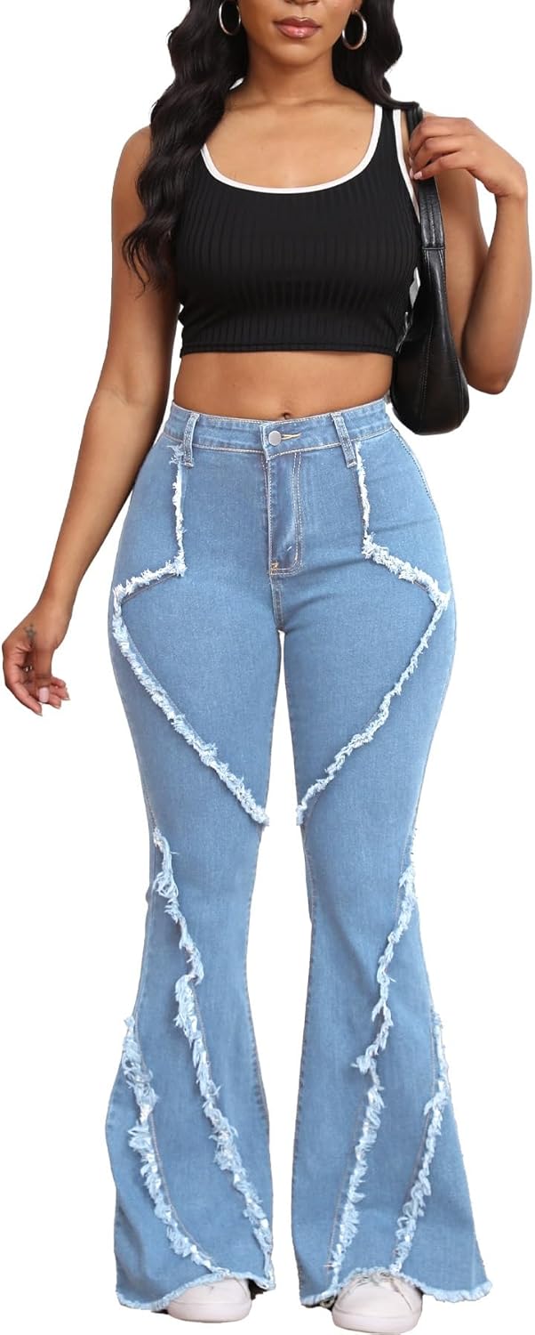 Bell Bottom Jeans for Women Ripped High Waisted Classic Tassels Flared Pants