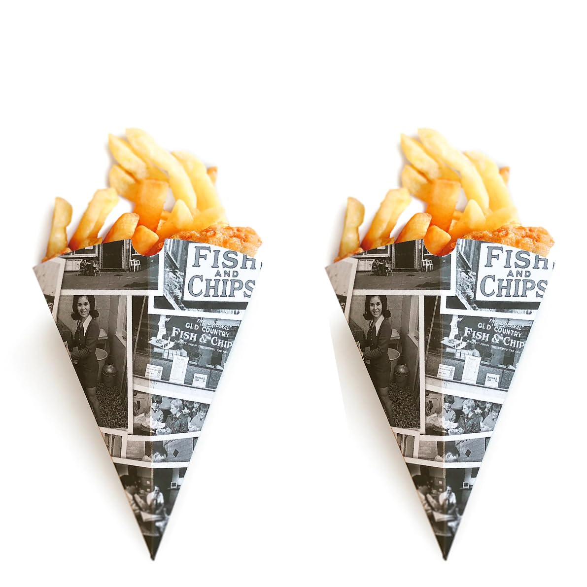 Sunrise PackagingNewsprint Design Fish & Chips Display- Paper Chips Shop Cones - Recyclable and Biodegradable Food Safe Greaseproof Paper Cones (50)