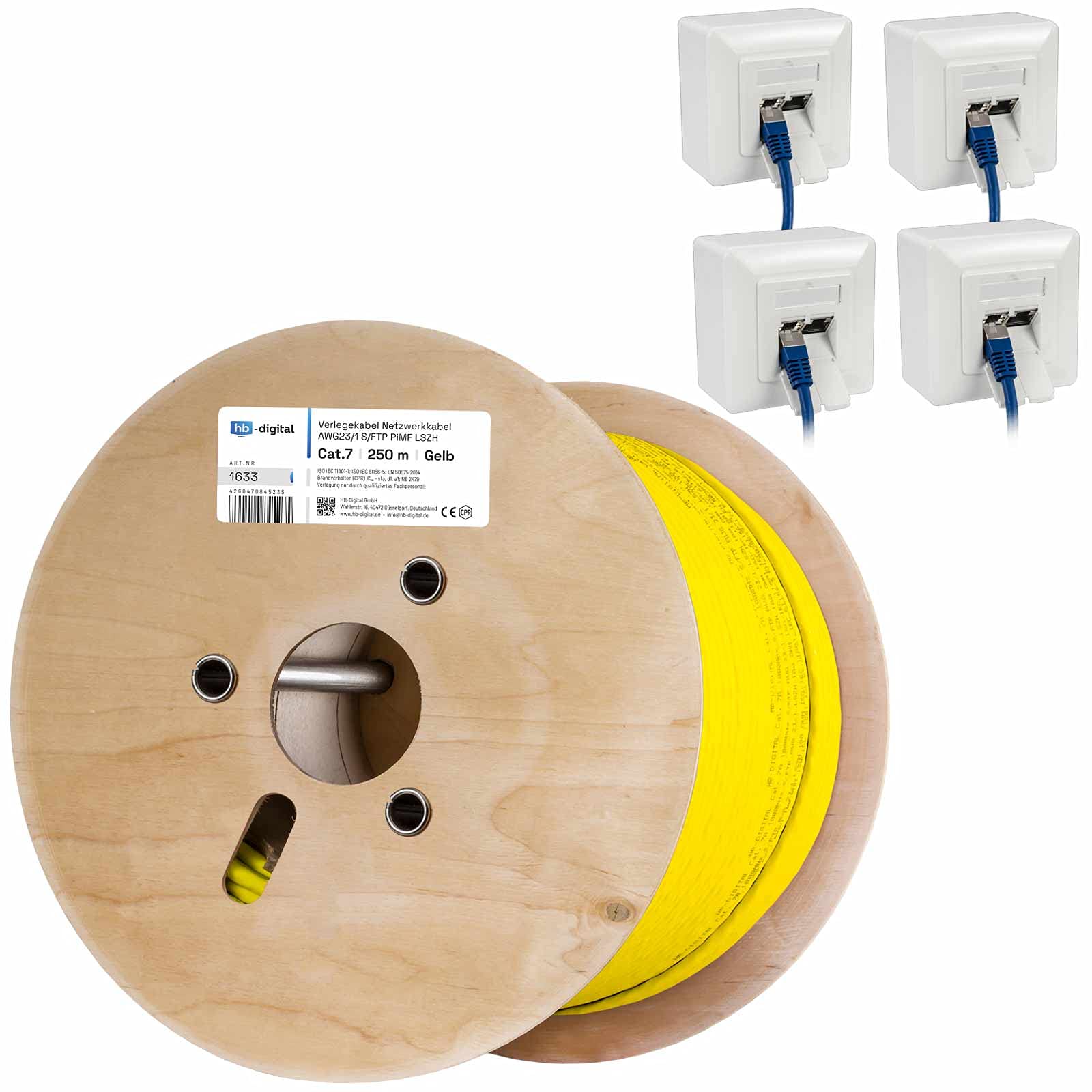 HB-DIGITAL SET Câble réseau LAN CAT.7 de 250 m - Câble de pose AWG 23 - Cuivre pur S/FTP PiMF LSZH - Sans halogène - RoHS - Certifié GHMT - Ethernet PoE 10 Gbit/s 1000 MHz - Jaune + 4 prises réseau