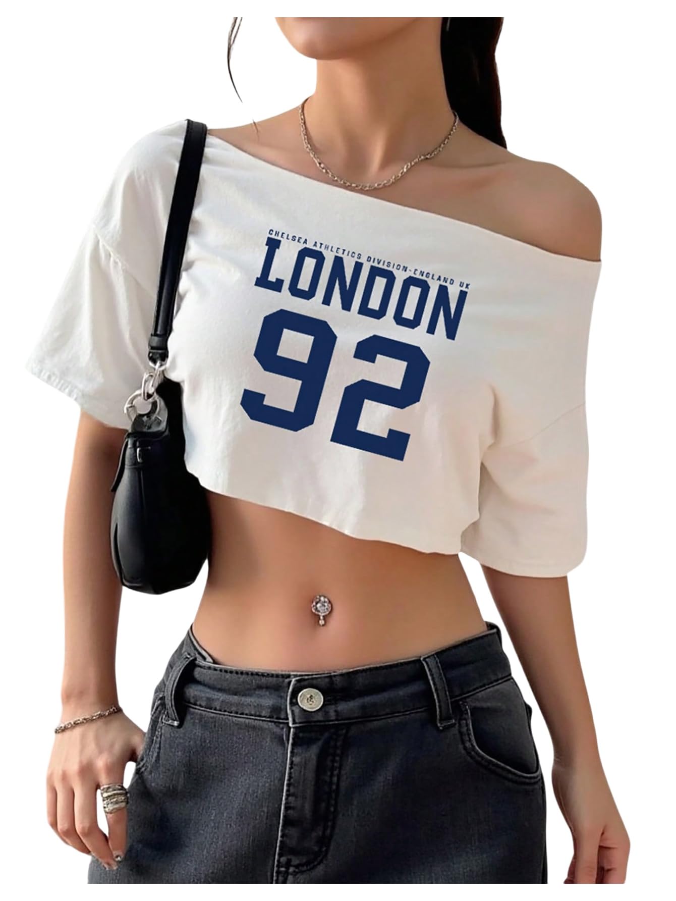 Women's Y2K Off The Shoulder Jersey Shirts Short Sleeve Oversized Graphic Crop Tees