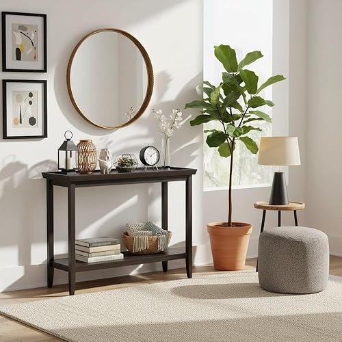 Miniatura 4 de Mesa consola de pasillo con repisa elevada, patas de madera maciza cónicas, mesa de acento de entrada, acabado negro duradero