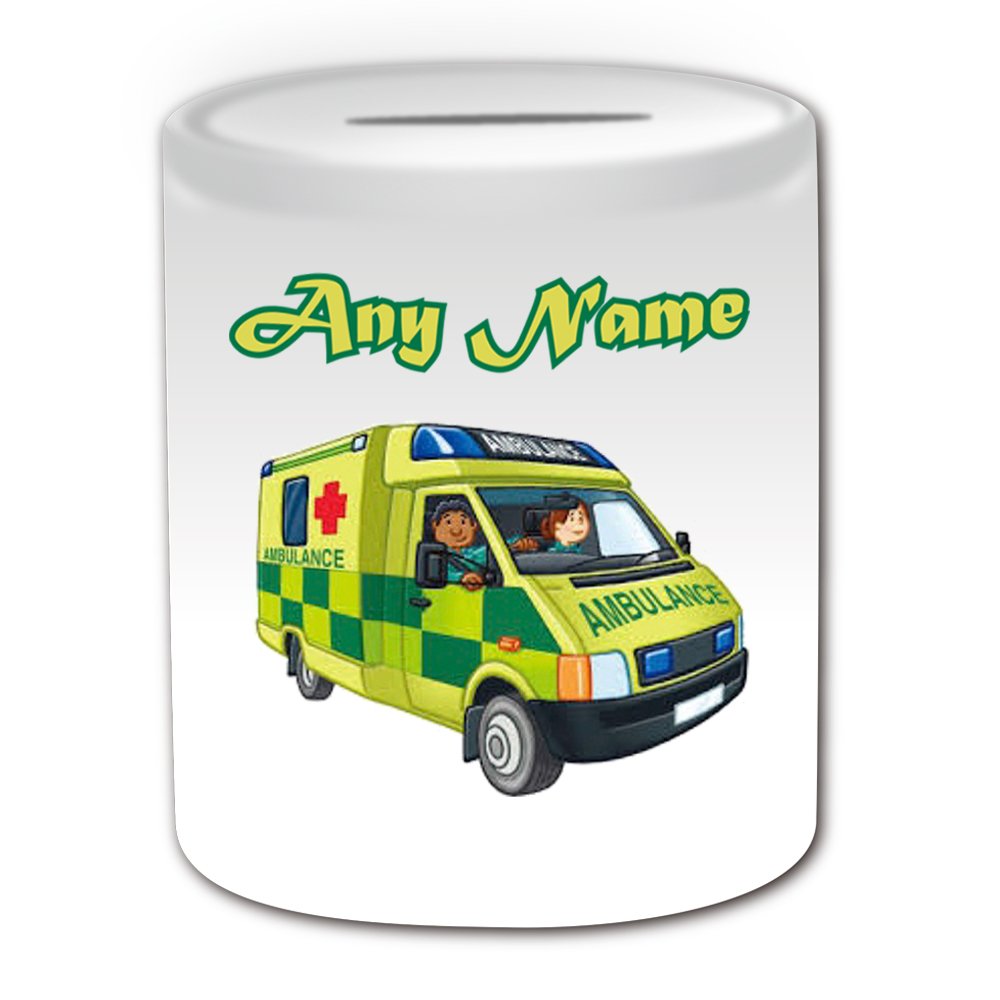 Unigift White Personalised Gift - Uk Ambulance Money Box (Transport Design Theme, ) - Any Name / Message On Your Unique - Saving Piggy Bank - Nhs Van Vehicle Hospital St John Red Cross Paramedic Emergency Services 999 Driver Automobile