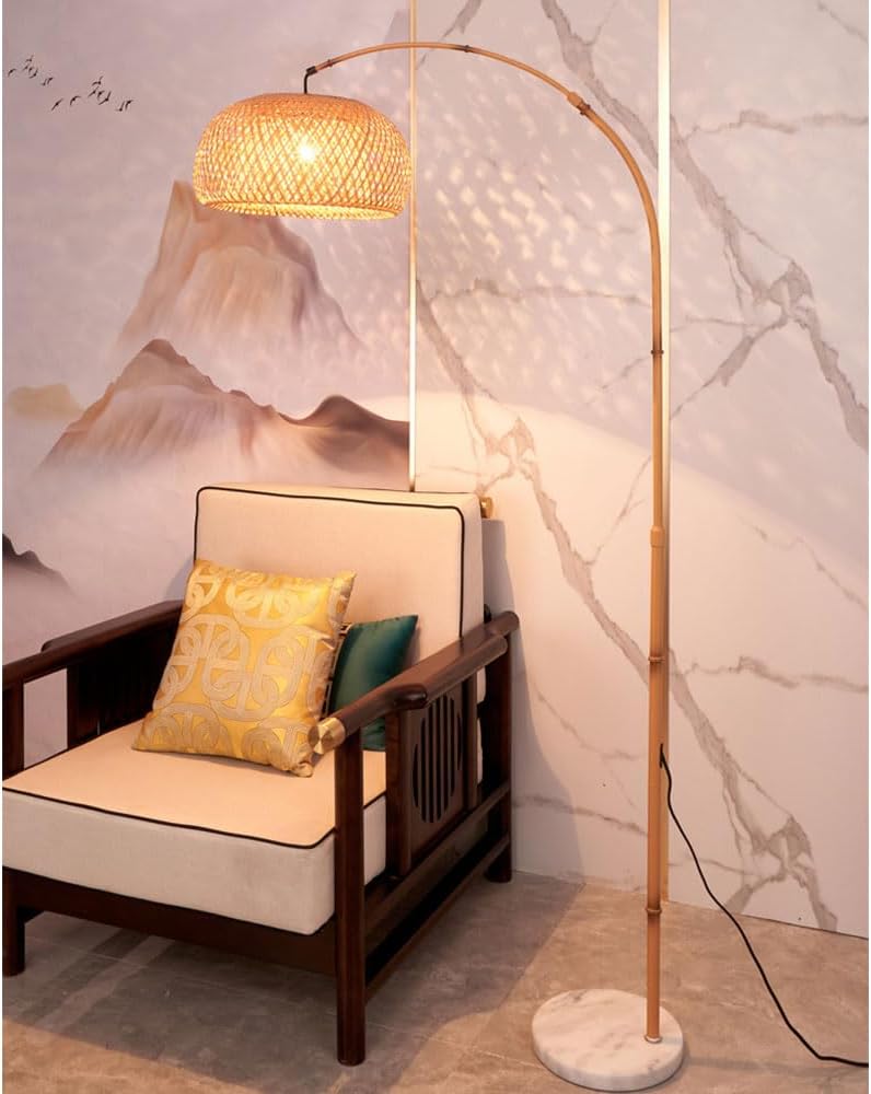 Boho Indoor Floor Lamp Handwoven Bamboo Arc Floor Lights Living Room Bedroom Office Corner Reading Light Rustic Rattan Standing Lamp with Marble Base Height Adjustable