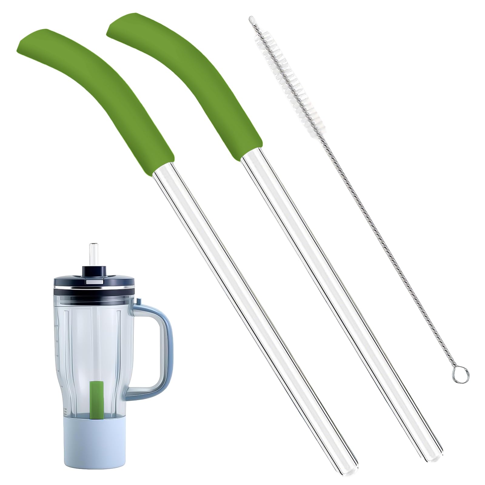 Ersatz-Strohhalm-Set für Ninja Blend Boss Blender und Reisebecher (Grün) | 2 Wiederverwendbare Glasstrohhalme eine Reinigungsbürste, Kompatibel mit Ninja Blend Boss Reisebecher, Silikonfuß, BPA-frei