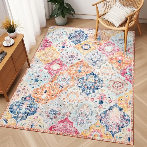 WondRg 3x5 Washable Neutral Area Rug Beige Vintage Entryway Office Carpet Non-Slip Soft Low Pile Floral Throw Rug for Entrance Living Room Bathroom Dining Room 3' x 5' (Rectangular) Beige