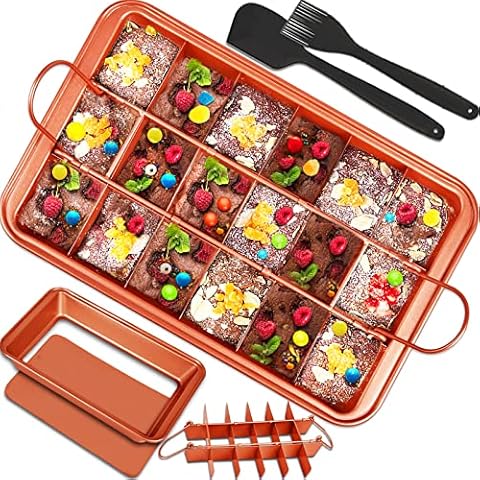 Brownies Pan, Brownie Pan with dividers, Nonstick Brownie Baking Pan with Slicer Cutter & Spatula & Brush, Brownie Pans, Rectangular Cake Pans All Edges Brownie Mold Tray for Baking Bread Cookie Bites Cover