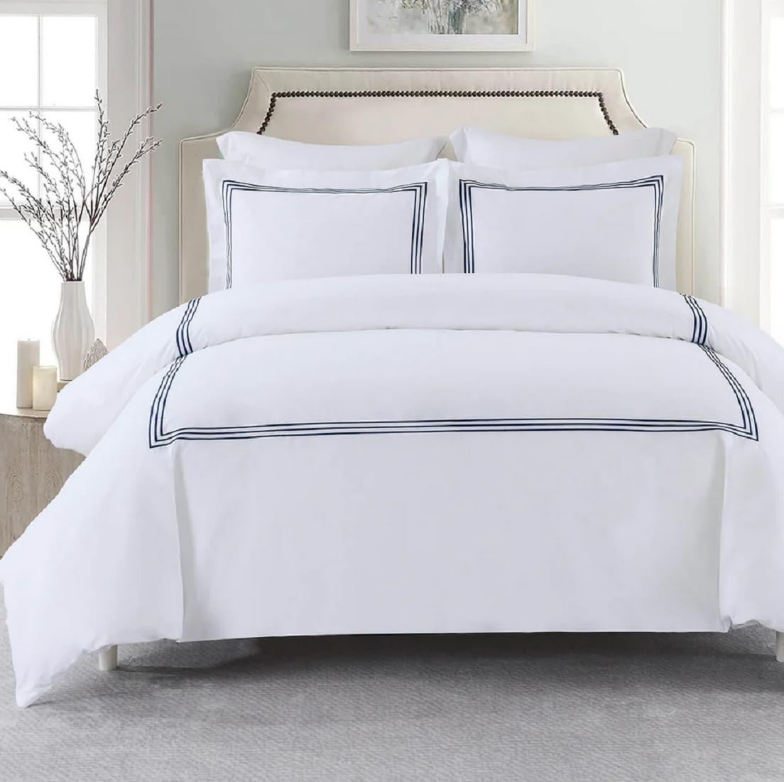 Royal Tradition3pc Percale Duvet Cover Set (Full/Queen, Navy) Adeline Embroidered Comforter Cover with Pillow Shams