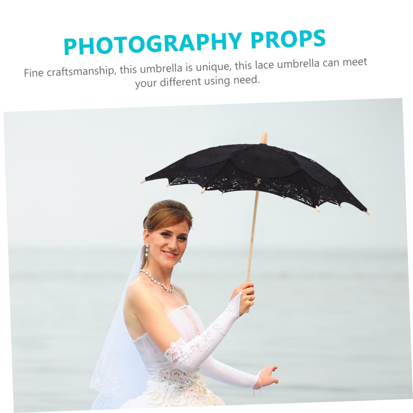 Yardwe Hochzeitsschirm Brautschirm mit Spitze und Lace für Fotografie | Schwarz, Zarte Elegante Optik, für Kinder Tanz und Teeparty, Dekorative Requisite